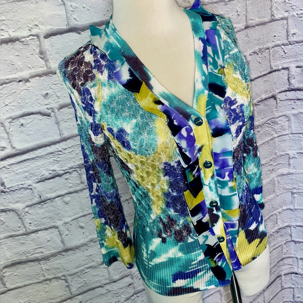 St John. Watercolor Button Up Cardigan in Blues, Yellow, Green. Size XS. - Picture 2 of 12